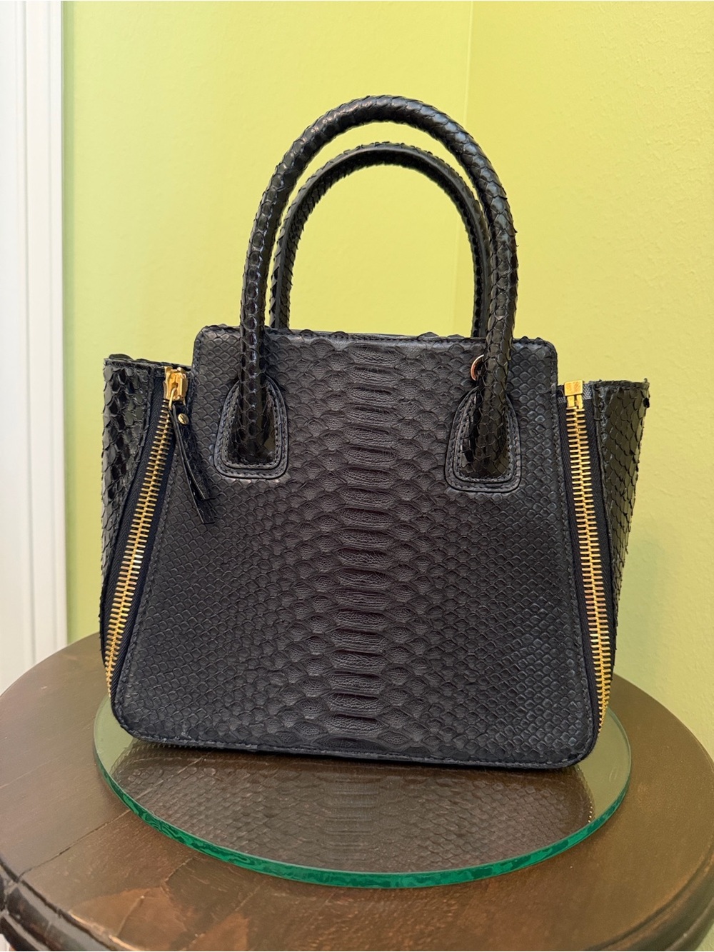 Elegant Black Python Embossed Satchel with Gold Hardware
